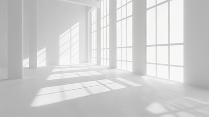 Sunlit minimalist white room interior with large windows.
