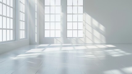 Empty modern bright room with large windows. Sunlight casts shadows on white floor.