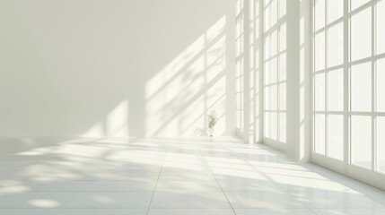 Obraz premium Sunlit empty white room with large windows and tiled floor.