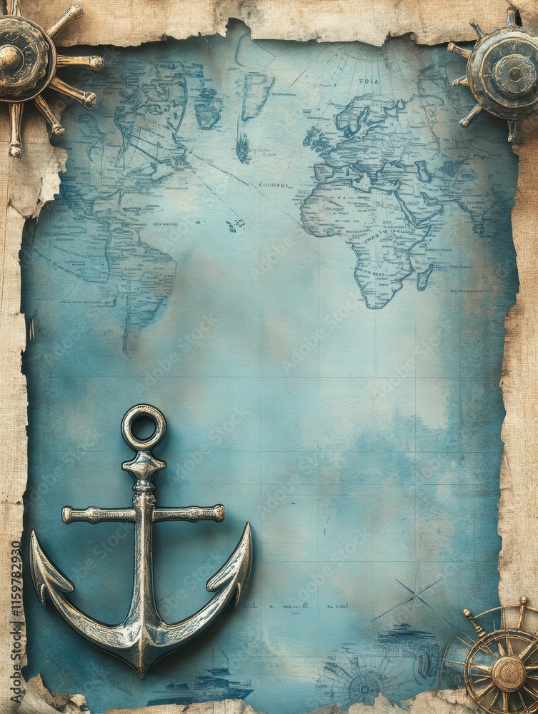 Fototapete Nautical map with anchor and compass showing blank space for text and design elements in a maritime theme. Generative AI