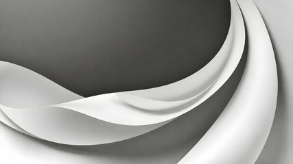 A monochromatic abstract design of flowing, layered curves and waves, resembling smooth metallic or paper-like surfaces, with soft lighting creating highlights and shadows