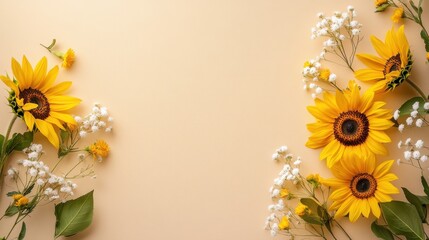 Yellow sunflowers and white blossoms on taupe background with sunlight © Fightstar
