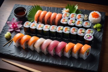 Elegant sushi spread with an array of flavors, including salmon, tuna, and vegetable rolls. Great for food photography, showcasing the artistry of sushi-making and inviting viewers to indulge.