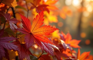 Autumn leaves display vibrant colors. Closeup view of a maple leaf. Reddish orange and yellow hues. Nature scene. Fall season. Beautiful foliage. Autumn background wallpaper.