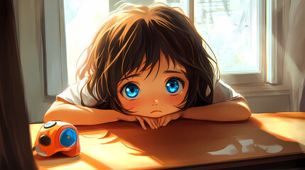 Anime-style illustration of a wistful child with brown hair and blue eyes, leaning on a desk with a toy nearby. Wistful. Illustration