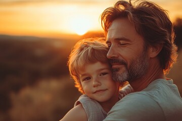 Fototapeta premium A father holds his young son close, sharing a loving moment as the sun sets behind them. Generative AI