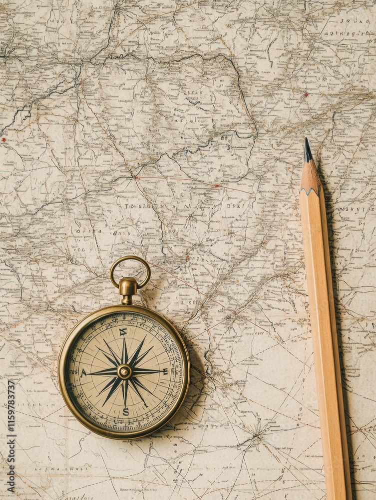 Poster vintage map with compass and pencil on white background for travel planning and exploration mockup. 