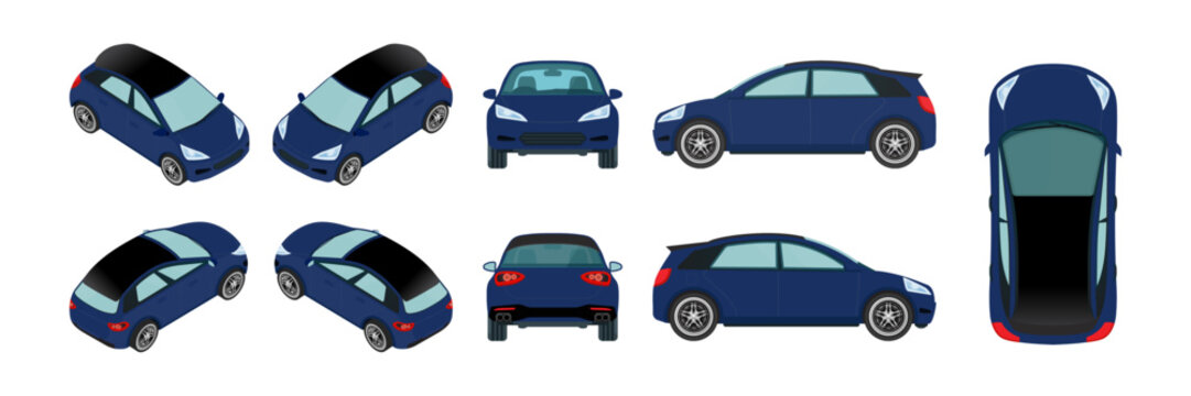 3D Blue and Navy Blue Car Vector Template: Isometric, Front, Rear, Side and Top Views - Vehicle Hatchback and Sedan Mockup.
