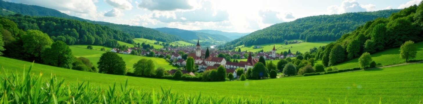 Tranquil Rheinsheim village nestled in lush green fields and forests , serene, village scene