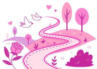 Romantic Pink Landscape Illustration: Winding Road, Birds.