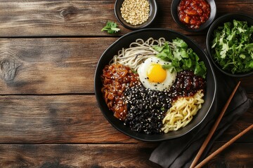 Aerial perspective of Korean black bean noodles