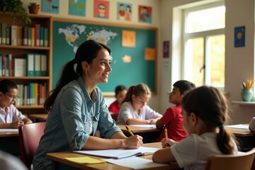 Warm, welcoming classroom; teacher amidst abundant educational materials, welcoming, wisdom