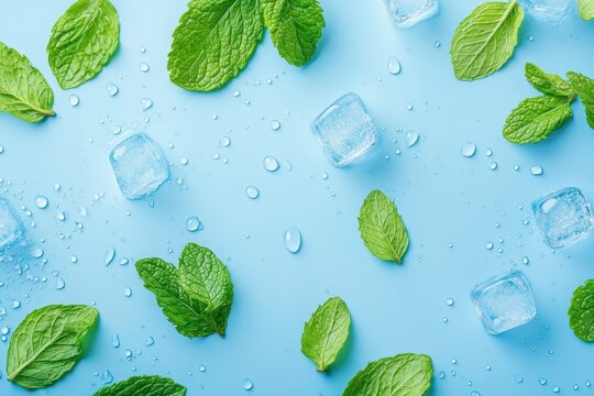 Aerial shot of mint ice cubes and water droplets on a light blue backdrop