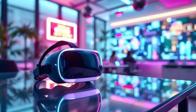 VR headset set on a glass desk on the left, with a vibrant futuristic office background showcasing holographic displays and modern furniture on the right