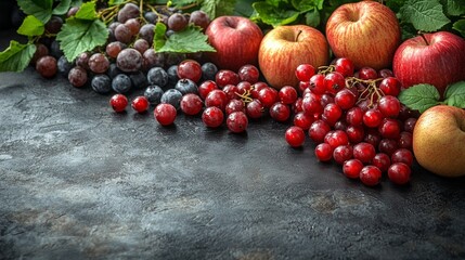 Apples and cranberries on dark rustic surface