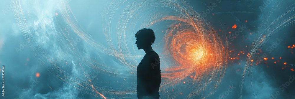 Poster Human silhouette surrounded by abstract whirlwind representing feelings of loneliness and isolation in a dreamlike setting. Generative AI