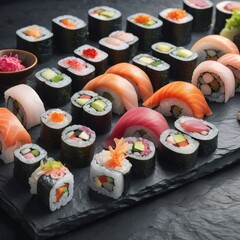 Elegant sushi spread with an array of flavors, including salmon, tuna, and vegetable rolls. Great for food photography, showcasing the artistry of sushi-making and inviting viewers to indulge.