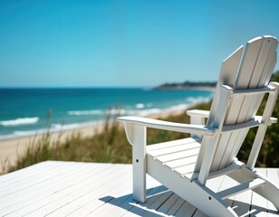 Empty white Adirondack chair on white wooden deck overlooking calm ocean beach. Scenic coastal...