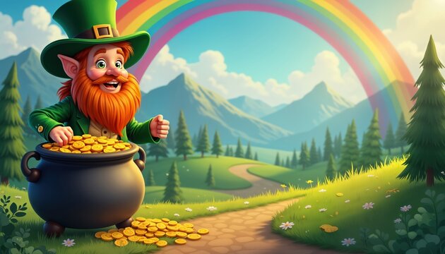Leprechaun wearing green hat holding pot of gold under rainbow. St Patricks Day celebration. Springtime scene. Traditional Irish symbol. Cartoon illustration for holiday celebration luck theme.