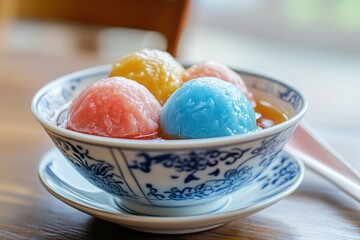 Bowl of large tangyuan with colored glaze and syrup