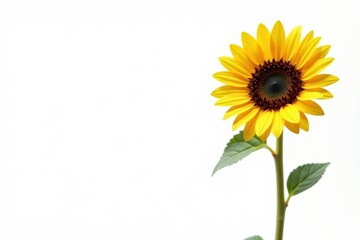 isolated sunflower with stem and leaf on white background, stems, yellow, botanical