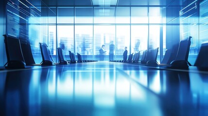 Executive team discussing strategies in a high-tech boardroom. Featuring a sleek conference table and interactive displays
