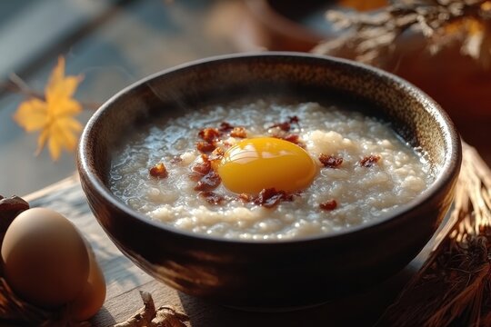 Bowl of warm rice wine porridge with medlar and egg