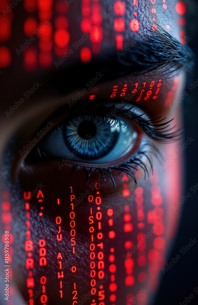 Poster closeup view of human eye with binary code displayed on face. digital data overlaying facial feature