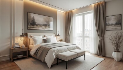  A modern bedroom features a large bed with white linens, a wooden nightstand, and a large window with white curtains, complemented by a painting of a serene landscape and a potted plant.