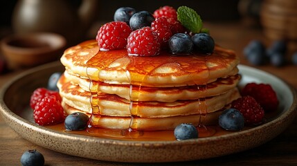 Delicious Pancakes Topped With Berries And Syrup