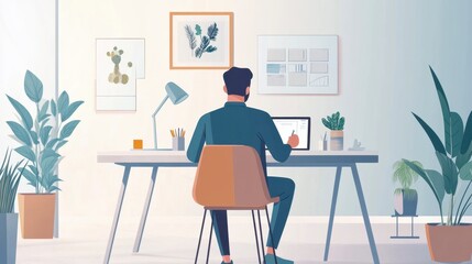 Focused Man Designer Working at Home Office Desk