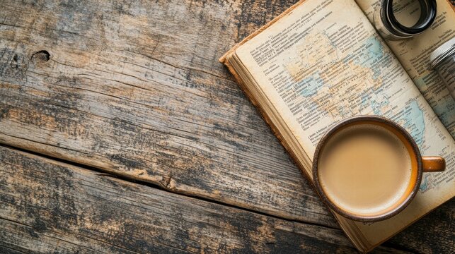Cozy travel flatlay with coffee and an open guidebook on rustic wooden table. Generative AI