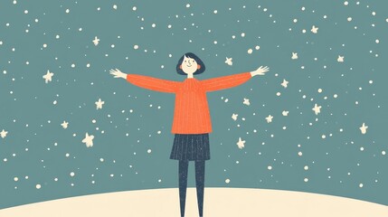 Joyful Woman Embracing Winter Snowfall - Minimalist Illustration