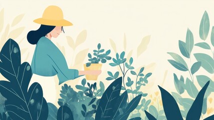 Smiling Woman Tending Garden Plants, Peaceful Spring Day