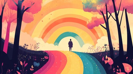 Woman Stands on Rainbow Path in Magical Forest - Hopeful Journey