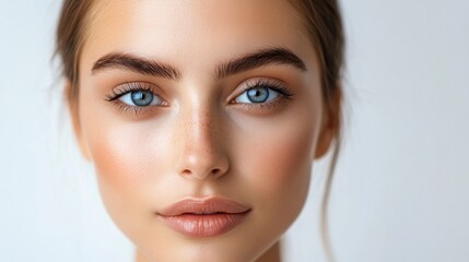Naklejka premium Woman with Freckles and Blue Eyes Smiling Close Up