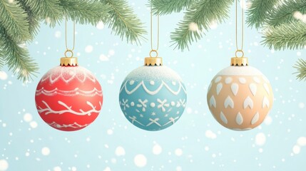 Festive Christmas Ornaments Hanging on Fir Branches - Winter Holiday Decoration