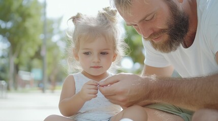 A heartwarming scene unfolds as a father lovingly ties his daughter's shoelaces on a park bench, capturing tender and sweet memories This image embodies the beautiful connection and bond within a