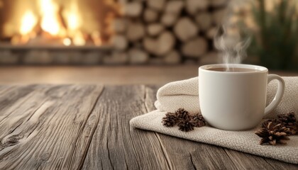 Capture the essence of love and warmth with this cozy image of a couple sharing a warm drink by the fireplace The gentle flames and steaming mug embody comfort and affection, creating an atmosphere