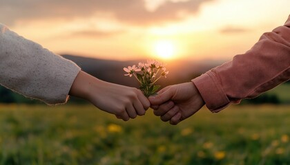 Capture the essence of love and simplicity with this heartwarming image featuring a couple holding a small bouquet of wildflowers at sunset, perfect for romantic themes, nature photography, and