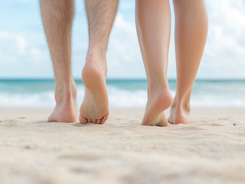 Capture the essence of joyful love with a couple walking barefoot on the sandy beach as gentle waves crash behind them, creating a scene where freedom and romance are perfectly intertwined This image