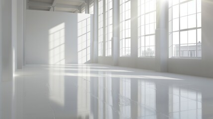 Obraz premium Sunlit empty white room with large windows and shiny floor.