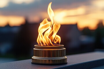 Capture the ethereal beauty of an eternal flame atop a golden pedestal, representing timeless love and unbreakable commitment, a symbol of hope and unwavering devotion, its golden base glowing warmly