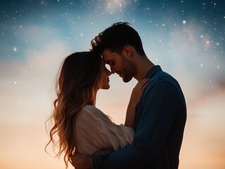 Capture the magic of love with A silhouette of a couple against a starry sky, illustrating love, connection, and expression This breathtaking scene showcases a couple embracing under a celestial
