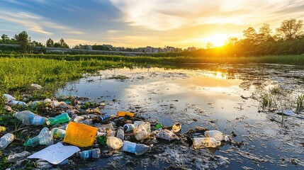 Coastal Nature Reserve with Pollution and Sunset View