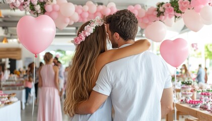 Capture the magic of Valentine's Day with this heartwarming image of a couple embracing in a room filled with heart-shaped balloons and delicate floral decorations Perfect for romantic projects, this