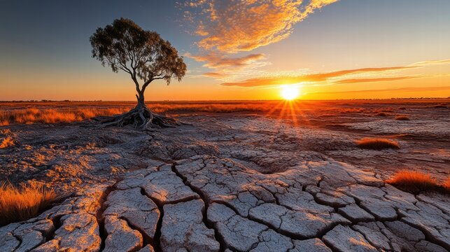 Cracked dry lakebed showcases resilience of nature under a blazing sun during golden hour. Generative AI