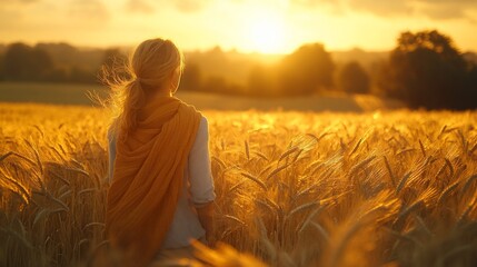 Fototapeta premium Woman standing in a golden wheat field at sunset