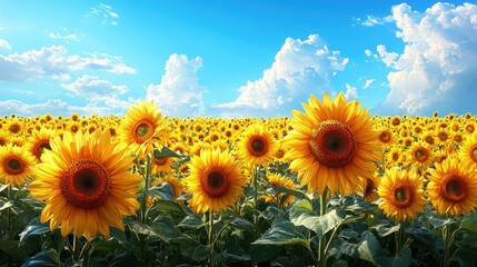 Obraz premium A vibrant field of sunflowers under a blue sky with fluffy clouds.