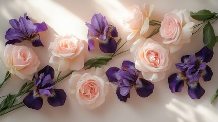 Pink roses and purple irises on taupe background with diffused sunlight © Fightstar